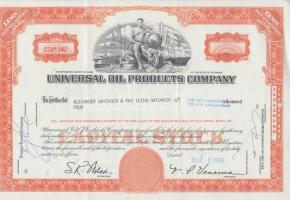 Amerikai Egyesült Államok 1959. Universal Oil Products Company 4 részvénye egyenként 1$ értékben, lyukasztott T:III USA 1959. Universal Oil Products Company 4 shares, each with the value of 1$, holes C:F