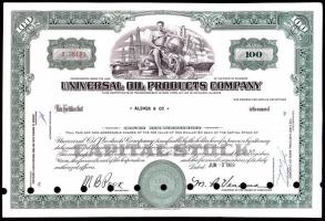 Amerikai Egyesült Államok 1969. Universal Oil Products Company 100 részvénye egyenként 1$ értékben, lyukasztott T:III USA 1969. Universal Oil Products Company 100 shares, each with the value of 1$, holes C:F