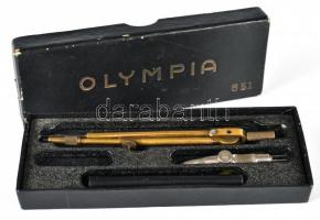 cca 1960 Olympia réz körzőkészlet dobozban (hiányos) / 
Vintage calipers in original box (one part m...