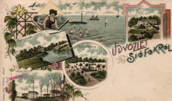 1899 Siófok étterem, fürdőzők, park és sétány, telep, litho