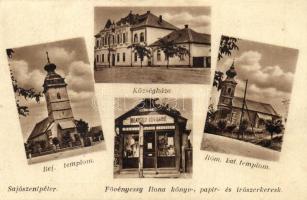 Sajószentpéter Fövényessy Ilona könyv-, papír- és írószer kereskedése, községháza, templomok (Rb)