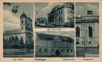 Kunhegyes Erzsébet malom, református templom, római katolikus iskola, községháza, országzászló