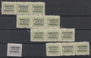 1910 Budapesti Közlekedési és  Vasút társaság havi érvényességű bélyegei, 13 db összefüggésekkel