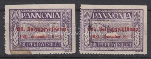 1931 Pannónia VIII. Bélyeggyűjtőnap 2 db levélzáró (az egyik foltos)