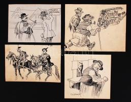 Mühlbeck Károly (1869-1943): Illusztrációk 4db Gárdonyi Géza: Göre Gábor bíró úr sorozatából, tus, papír, jelzett 1db, (4)× 10×8 cm