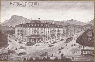 Salzburg, Hotel Pitter, tram, automobile, artist signed