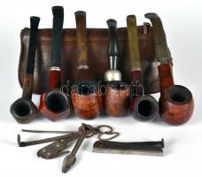 6db pipa, 2db pipatömőszett és egy dohányos tasak / 
6 pipes, 2 pipe stuffing set and a tobacco bag