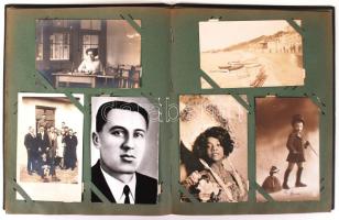 cca 1900-1910 75db fotó és képeslap dombornyomott, aranyozott, szecessziós albumban (főleg családi, ill. katonai fotók) /  Album with photos and post cards