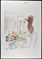 Vasvári Anna (1923-1990): Pingáló asszony. Vegyes technika, papír, jelzett, foltos, 31×23 cm