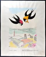 Hegedüs István (1932-2007): Faluból-Város. Vegyes technika, papír, jelzett, foltos, 40×25 cm