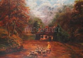 Jelzés nélkül: Legeltető kislány. Olaj, fémlemez, antik sérült keretben, 58×114 cm