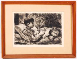 Fehér Ilona (1913-1983): Ágyban. Rézkarc, papír, jelzett, keretben, 19×30 cm