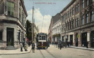 Szombathely Király utca, Fehér Béla, Unger üzletei, villamos (EK)