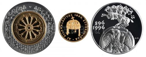 1999. 20.000Ft Au "Államalapítás 1000. évfordulója" (6.982g/0.986/22mm) T:PP + 1999. 3000Ft Ag "Államalapítás 1000. évfordulója" T:PP + 1996. 2000Ft Ag "Honfoglalás 1100. évfordulója" a három érem együtt dísztokban, tanúsítványokkal T:PP  Hungary 1999. 20.000 Forint Au "1000th Anniversary of the Foundation of the Hungarian State" (6.982g/0.986/22mm) + 1999. 3000 Forint Ag "1000th Anniversary of the Foundation of the Hungarian State" + 1996. 2000 Forint "1000th Anniversary of the Hungarian Conquest" the three coin in the same case with certificates C:PP