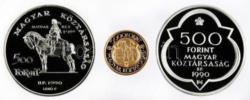 1990. 5000Ft Au "Mátyás király" (0.986/6.982g) T:PP + 1990. 500Ft Ag + 500Ft Ag "Máty...