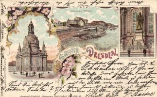 1899 Dresden, church, statue of Luther, port, floral, litho (small tear)