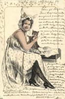 Lady in cat costume, cat in bed (EB)