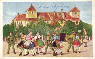 Várpalota, korzó, katonai témájú művészlap (EB)