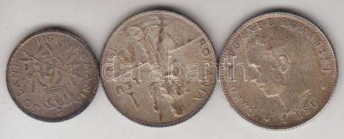 Románia 1911. 50B Ag "I. Károly" + 1906. 1L Ag "I. Károly" + 1912. 1L "I. K...