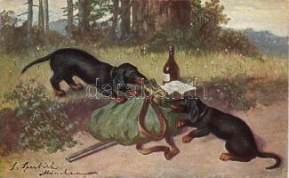 Hunting, dogs, artist signed