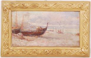 Györi jelzéssel: Halászhajók a parton. Olaj, vászon, sérült, antik keretben 18×32 cm
