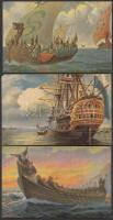 3 db régi hajó motívumlap / 3 ship motive cards: Viking boat, Norman boat, Dutch sailing ship 'Virgelyking'