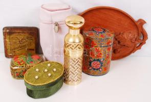 Díszdoboz, kölnisüveg, cigarettás doboz, faragott tálka, összesen:7 db