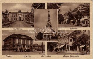Losonc, tüzérlaktanya, Rákóczi út, Református templom, Magyar Király szálló / barracks, street, church, hotel