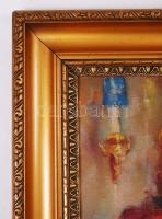 Pirhalla Nándor (1884-?): Tükör előtt. Olaj, karton, jelzett, antik keretben, 70×55 cm