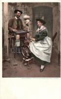 Bavarian folklore, spinning woman, man with Zither