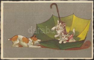 Cats, dog, umbrella, artist signed