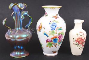 Restaurátor tétel, Zsolnay eozin és virág mintás váza, Herendi Viktória mintás ragasztott váza, m:23 cm, m:16 cm