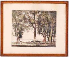Herman Lipót (1884-1972): Balaton partján.Színezett rézkarc, papír, jelzett, üvegezett keretben, 28×34 cm