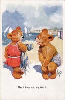 "May I help you, my lady?" teddy bears on the beach, artist signed, "Segíthetek, hölgyem?" macik a strandon, szignós
