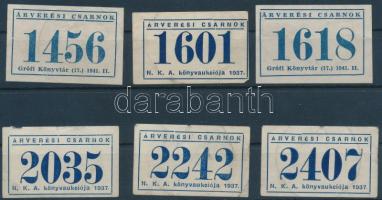 1937-1941 6 db Árverési Csarnok aukciós sorszámjegy