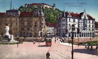 Ljubljana, Stritarjeva ulica / street, statue, tram, castle (EK)