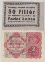 Miskolc ~1930. 50f utalvány felülbélyegzés nélkül "Fodor Zoltán Könyvkereskedés" + 1922. 2K kinézetű "OLLA" gyógyszerreklám T:I-
