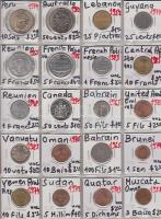 20db pénzérme mind klf ország érméiből, Peru, Libanon, Réunion, Brunei stb. T:UNC(legtöbb),2 20 pieces of coins of different countries such as Peru, Lebanon, Réunion, Brunei etc. C:UNC(mostly),XF