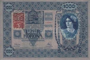 1902. 1000K (2x) egyiken hamis "Magyarország" körbélyegzővel, áthúzással érvénytelenítve és "Stempel wurde von..." osztrák bélyegzéssel másikon Csehszlovák 1K bélyeggel és pecsételéssel T:II-,III