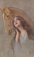 Horse with lady, artist signed (EK)