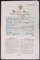 1860 Waffenpaß. Fegyvertartási engedély okmánybélyeggel, a pest-budai rendőrség pecsétjével ("K.K. Polizei Direction Ofen Pest") / 1860 Firearms licence from Budapest