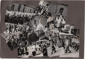 cca 1940 Jermy László vintage fotómontázsa a budapesti körmenetről albumlapra ragasztva, hátoldalán 4db bécsi felvétel (Stephansdom, Parlament, Karlskirche), 15x22cm