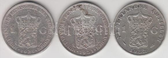 Hollandia 1929-1931. 1G Ag "Wilhelmina" (2x) + Holland Antillák 1952. 1G Ag "Wilhelmina" T:2-,3 Netherlands 1929-1931. 1 Gulden Ag "Wilhelmina I" (2x) + Netherlands Antilles 1952. 1 Gulden Ag "Wilhelmina I" C:VF,F