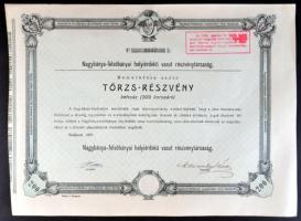 Budapest 1907. "Nagybánya-felsőbányai helyiérdekű vasút részvénytársaság" törzs-részvény 200K-ról szelvényekkel T:I-
