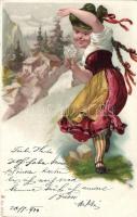 Highlander girl, folklore, litho