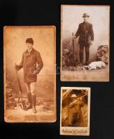 cca 1890-1900 3db keményhátú fénykép vadászokról, vizitkártya és kabinetfotó méretben /  Huters' photos