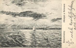 Balatonberény, alkonyat a Balatonon, vitorlás, gőzös