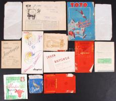 Cca 1930 3 db számoló cédula benne Hertz litho + 1896-1950 12 db-os reklám tétel, Pesti Hírlap jegyzéke stb + Cca 1890 5 db névjegykártya, egyik Esztergom megye főorvosáé, egyházi méltóságok, + Gróf Csáky Károly (1873-1945), lovassági tábornok névjegykártyája és aláírása