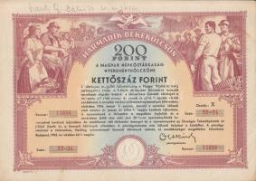 1952. "Harmadik Békekölcsön" nyereménykölcsön 200Ft-ról T:II-