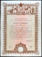 1950. "Békekölcsön" Magyar Népköztársaság nyereménykölcsöne 50Ft-ról T:restaurált kis helyen